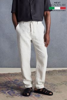 Light Grey Signature Leomaster Italian Delave 100% Linen Drawstring Trousers (Q80799) | $101