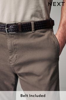 Mushroom Brown Slim Fit Textured Belted Trousers (Q80804) | SGD 62