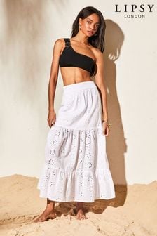 Lipsy White Broderie Petite Tiered Maxi Skirt (Q80816) | AED193