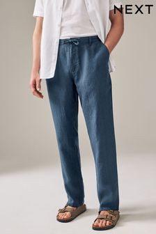 Navy Blue 100% Linen Drawstring Trousers (Q80817) | $59