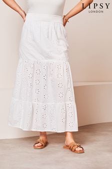 Lipsy White Broderie Curve Tiered Maxi Skirt (Q80830) | $73