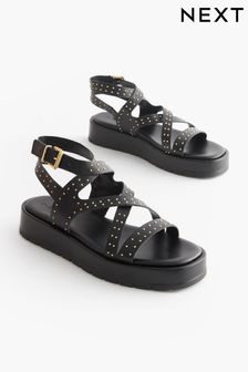 Black Studded Forever Comfort® Leather Strappy Flatform Sandals (Q80840) | MYR 218