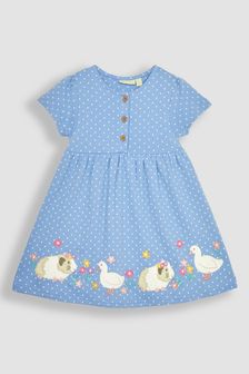 Синий в горошек с принтом морских свинок и утки - Трикотажное платье в стиле бебе с аппликацией и пуговицами Jojo Maman (Q80880) | €39