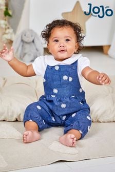 JoJo Maman Bébé Chambray Blue Daisy Embroidered Dungarees (Q80882) | kr480