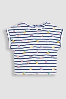 JoJo Maman Bébé White Navy Stripe Summer Fruits Embroidered T-Shirt (Q80887) | $40
