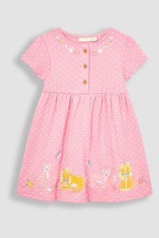 Розовый в горошек со принтом льва и тигра - Трикотажное платье в стиле бебе с аппликацией и пуговицами Jojo Maman (Q80903) | €39