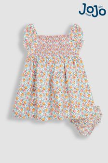 JoJo Maman Bébé Cream Apple & Peach Cotton Linen Smocked Baby Dress With Knickers (Q80919) | €41