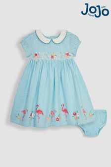 JoJo Maman Bébé Duck Egg Blue Flamingo Embroidered Smocked Dress (Q80928) | €47