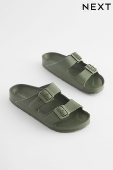 Khaki Green EVA Double Strap Flat Slider Sandals With Adjustable Buckles (Q80973) | $33