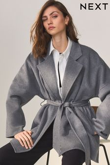 Grey Handsewn Wool Blend Belted Coat (Q81020) | AED479