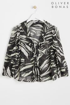 Czarna bluzka z dekoltem w szpic Oliver Bonas z metalicznym wzorem w paski i falbanką (Q81033) | 187 zł