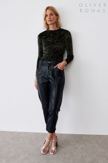 Oliver Bonas Faux Fur Leather Tapered Leg Black Trousers