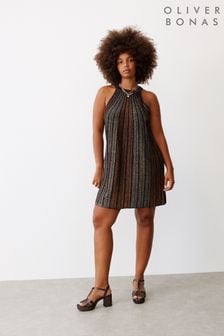 Oliver Bonas Black Sparkle Stripe Copper Halter Neck Shift Dress (Q81107) | $120