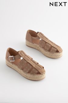 Taupe Brown Forever Comfort® Leather Chunky Fisherman Espadrille Shoes (Q81234) | $62