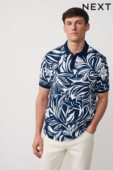 Navy Leaf Print Polo Shirt (Q81323) | 160 zł