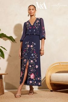 V&A | Love & Roses Navy Blue Petite Embroidered Scallop Neck Dobby Midi Dress d (Q81397) | OMR41