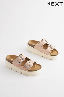 Pink Forever Comfort® Leather Double Buckle Flatform Sandals (Q81413) | $64