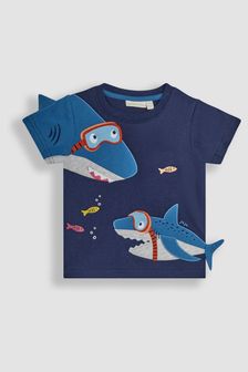 JoJo Maman Bébé Navy Blue Shark Novelty Appliqué T-Shirt (Q81626) | €28