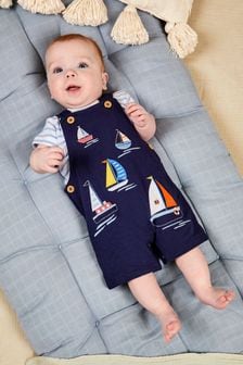 JoJo Maman Bébé Navy Blue Boat Appliqué Short Dungarees & T-Shirt Set (Q81673) | NT$1,260