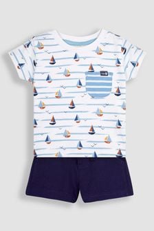 JoJo Maman Bébé White Boat Printed T-Shirt & Shorts Set (Q81694) | ￥4,580