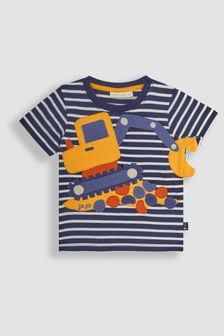 JoJo Maman Bébé Navy Ecru Stripe Digger Novelty Appliqué T-Shirt (Q81708) | ₪ 85