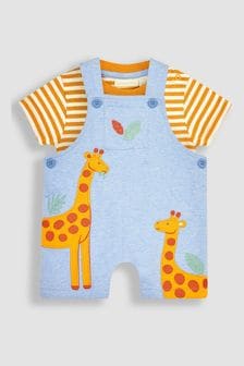 JoJo Maman Bébé Blue Giraffe Appliqué Short Dungarees & T-Shirt Set (Q81750) | €35.50