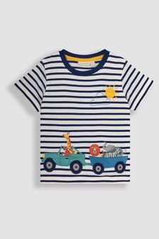 JoJo Maman Bébé Ecru Navy Stripe Safari Animals Appliqué Border T-Shirt (Q81753) | ₪ 85