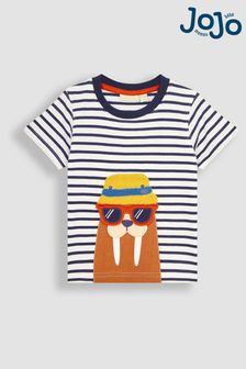 JoJo Maman Bébé White Navy Stripe Walrus Interactive Appliqué T-Shirt (Q81756) | $37