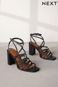 Black Signature Leather Hardware Detail Block Heel Sandals (Q81812) | LEI 474