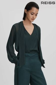 Reiss Green Lula Semi Sheer Satin Tie Neck Blouse (Q82002) | $244