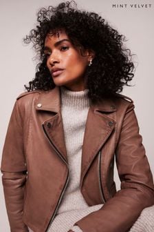 Mint Velvet Brown Leather Biker Jacket (Q82011) | kr3,881