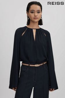 Reiss Navy Gracie Cut-Out Flute Sleeve Blouse (Q82022) | €95