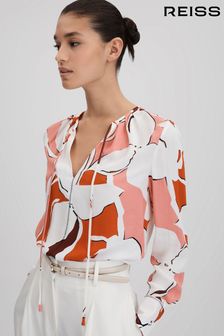 Reiss Cream/Red Tess Printed Tie Neck Blouse (Q82029) | 74,340 Ft