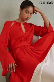 Reiss Red/Cream Luella Colourblock Fit-and-Flare Midi Dress (Q82056) | AED1,426