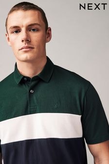 Green/Navy 100% Cotton Short Sleeve Button Up Block Polo Shirt (Q82159) | $28