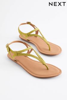 Lime Green Regular/Wide Fit Forever Comfort® Leather Plait Toe Post Flat Sandals (Q82186) | LEI 126