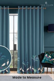 Sara Miller Teal Green Heron Border Made to Measure 100% Cotton Curtains (Q82196) | €142