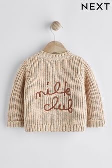 Cream Milk Club Brown Chunky Knitted Embroidered Baby Cardigan (Q82527) | OMR8 - OMR9
