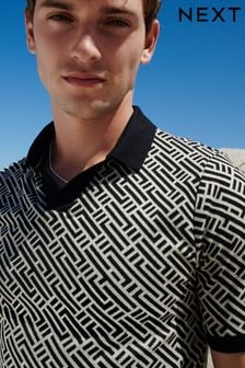 Black/White Cuban Collar Pattern Polo Shirt (Q82620) | kr309