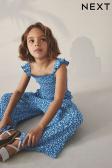 Blue Floral Print Crinkle Texture Jersey Jumpsuit (3-16yrs) (Q82681) | NT$890 - NT$1,150