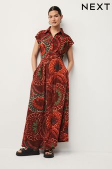 Rdzawo-pomarańczowy z nadrukiem - Sukienka koszulowa maxi z krótkim rękawem (Q82850) | 300 zł