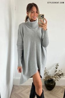 Grey - Style Cheat Hope Knitted High Neck Longline Jumper (Q82878) | kr770