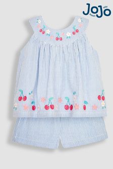 JoJo Maman Bébé Blue 2-Piece Cherry Embroidered Seersucker Blouse & Shorts Set (Q82915) | €49