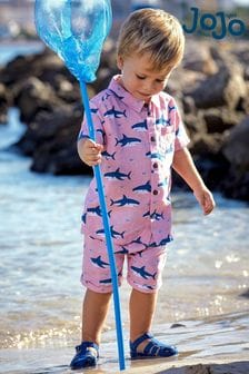 JoJo Maman Bébé Coral 2-Piece Shark Cotton Linen Shirt & Shorts Set (Q82916) | CA$76