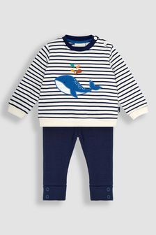 JoJo Maman Bébé Ecru Navy Stripe Whale Appliqué Jersey Sweatshirt and Joggers Set (Q82918) | $62