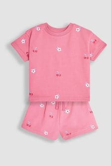 JoJo Maman Bébé Pink 2-Piece Cherry Embroidered T-Shirt & Shorts Set (Q82934) | OMR13
