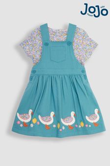 JoJo Maman Bébé Duck Egg 2-Piece Duck Appliqué Dungaree Dress & Floral T-Shirt Set (Q82938) | $37