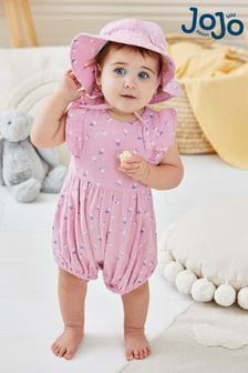 JoJo Maman Bébé Pink 2-Piece Floral Cheesecloth Bubble Romper & Hat Set (Q82952) | NT$1,380