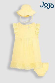 JoJo Maman Bébé Yellow 2-Piece Broderie Cheesecloth Dress & Hat Set (Q82992) | OMR15