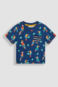 JoJo Maman Bébé Navy Blue Tropical Birds Contrast Pocket T-Shirt (Q83021) | $24